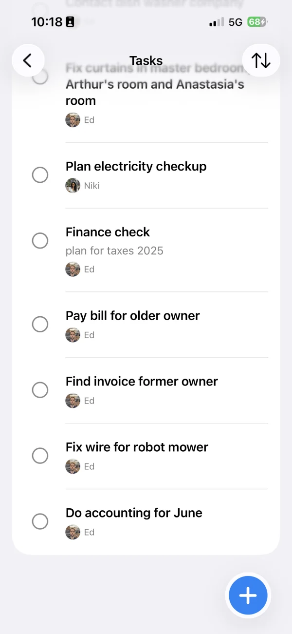 FamHead Tasks screen showing shared household tasks with assignees and task ordering.